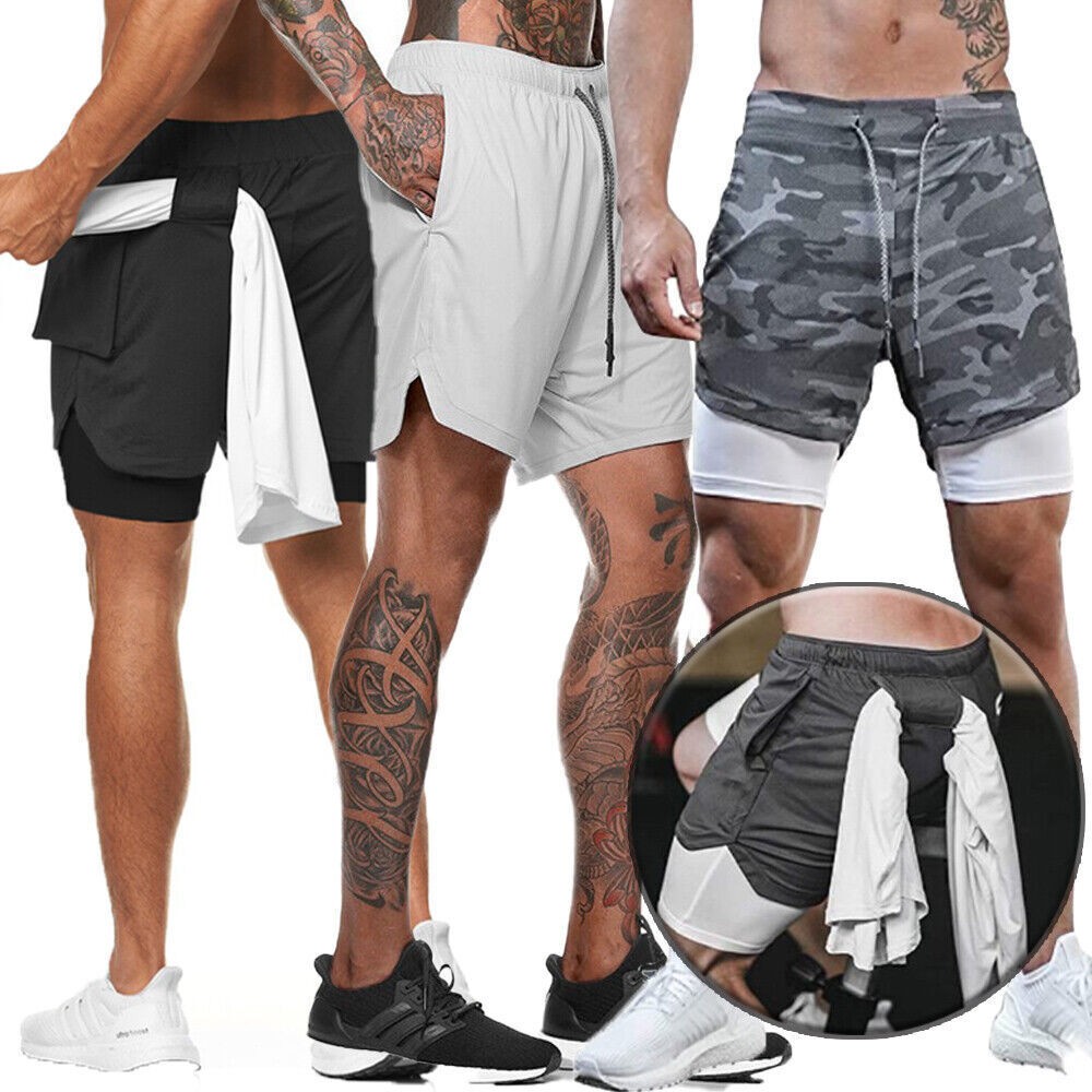 Men 2 in 1 Gym Running Shorts 7 inch Athleti Pants Quick-Dry Shorts with Pockets