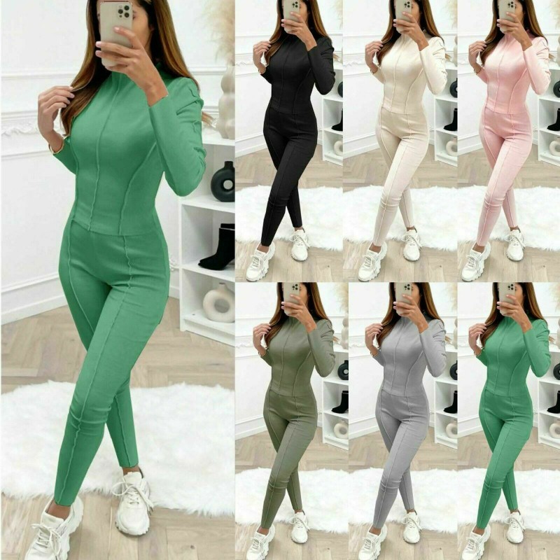 Ladies Womens Overlock Ribbed Top Leggings 2 piece Loungewear Tracksuit Set